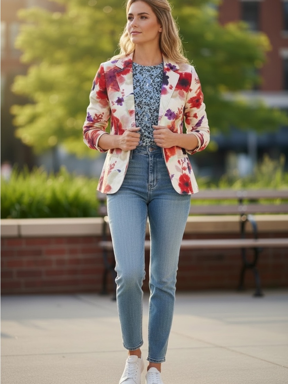 Floral Watercolor Blazer - Red, Purple & Cream